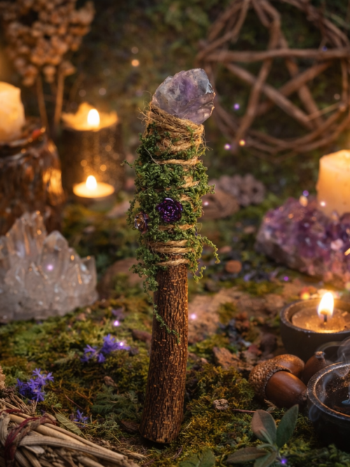 Varita de Bruja con Amatista y musgo verde
