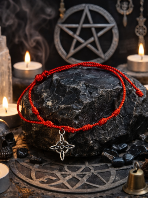 Pulsera 7 nudos roja, con dije de Nudo de Bruja