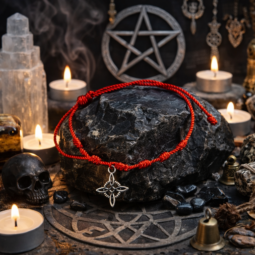 Pulsera 7 nudos roja, con dije de Nudo de Bruja